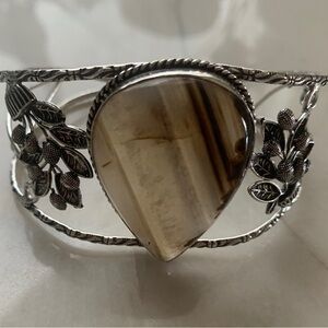 1938 Artisan Silver and Brown Stone Leaf Bracelet